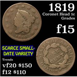 1819 Coronet Head Large Cent 1c Grades f+