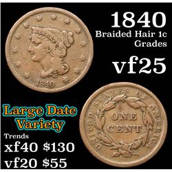 1840 Braided Hair Large Cent 1c Grades vf+