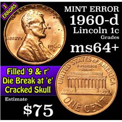 Mint Error 1960-d Filled '9 & r' Die Break at 'e' Cracked Sjull Lincoln Cent 1c Grades Choice+ Unc R