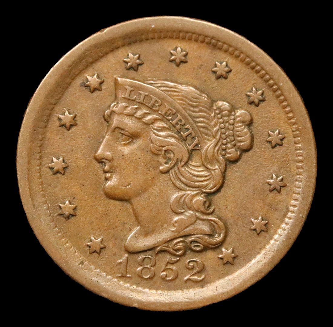 1852 Braided Hair Large Cent 1c Grades AU, Almost Unc