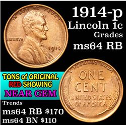 1914-p Lincoln Cent 1c Grades Choice Unc RB