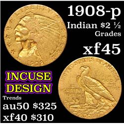 1908-p Gold Indian Quarter Eagle $2 1/2 Grades xf+