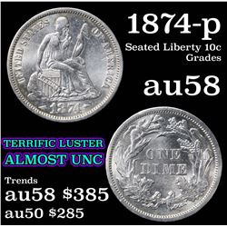 1874-p Seated Liberty Dime 10c Grades Choice AU/BU Slider