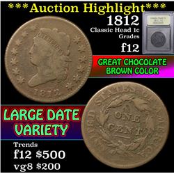 ***Auction Highlight*** 1812 Classic Head Large Cent 1c Graded f, fine By USCG (fc)