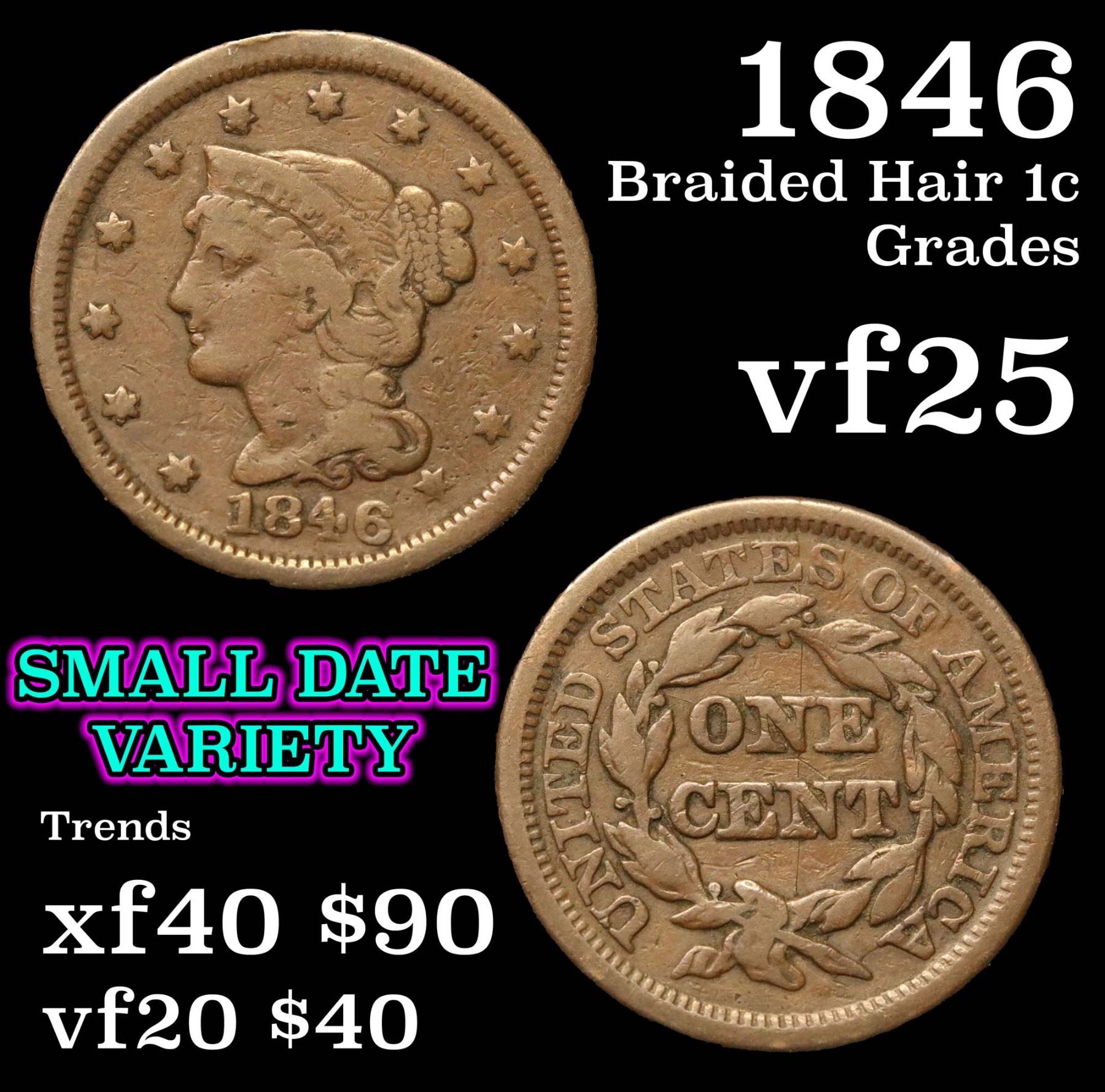 1846 Braided Hair Large Cent 1c Grades vf+