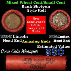 Mixed small cents 1c orig shotgun roll, 1919-d one end, 1892 Indian cent other end