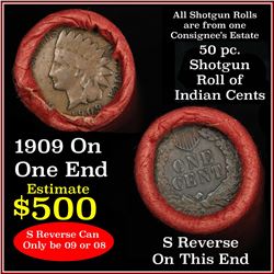 ***Auction Highlight*** Indian 1c Shotgun Roll, 1909 end, KEY date 's' mint on the other, Wow! (fc)