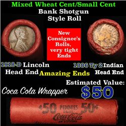 Mixed small cents 1c orig shotgun roll, 1918-d one end, 1886 Ty 2 Indian cent other end