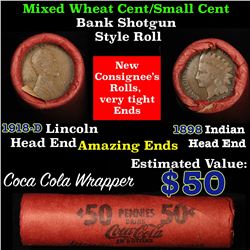 Mixed small cents 1c orig shotgun roll, 1918-d one end, 1898 Indian cent other end