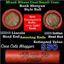 Mixed small cents 1c orig shotgun roll, 1915-d one end, 1898 Indian cent other end