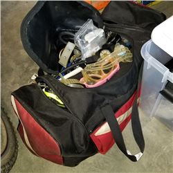 RED AND BLACK STINGRAY BAG W/ DIVE GEAR, GAUGES, FLIPPERS, ETC