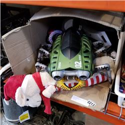 BOX OF DOG TOYS AND KIDS TOYS