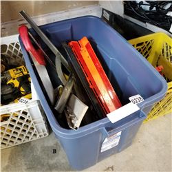 BLUE TOTE OF WEIGHTS, SAWS, AND SHOP SUPPLIES