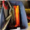 Image 2 : BLUE TOTE OF WEIGHTS, SAWS, AND SHOP SUPPLIES