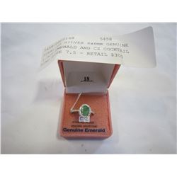 STERLING SILVER 8x6mm GENUINE 1.5CT EMERALD AND CZ COCKTAIL RING SIZE 7.5 - RETAIL $300