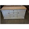 Image 2 : ASHLEY FLOOR MODEL WHITE SERVING CABINET WITH NATURAL WOIOD TOP, AND POWER/USB OUTLETS, RETAIL $1899