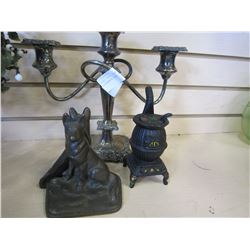 MINI CAST IRON STOVE, DOG BOOKENDS, AND CANDELABRA