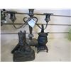 Image 1 : MINI CAST IRON STOVE, DOG BOOKENDS, AND CANDELABRA