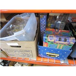 BOX AND TOTE OF CRYSTAL AND OLYMPIC GLASS CUPS W/ DECORATIVE BOXES