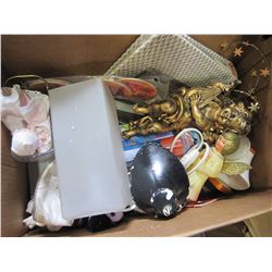 BOX OF COASTERS, LAMP, AND ESTATE GOODS