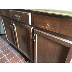 Wood counter w/slides drawers, 3 cabinet doors, with laminate top plus has a square hole for sink, W