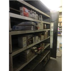Large amount of assorted sand paper, 2 boxes of windshield urethane, paint gun filters, 5 lb fire ex
