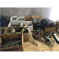 1 Large Box Peg Board hooks, 7 boxes assorted chains, 4 ratchet straps, box w/approx 16 bungee cords