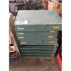 4 Curtis metal cases w/bumper bolts, lug nuts, clips, etc. plus 4 containers various size nails