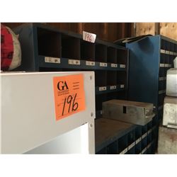 4 large blue metal part compartment shelves and 3 smaller, several large & small metal bins, 2 - 5 s