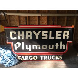 Approx 1952 Chrysler Plymouth "Fargo Trucks" sign original to E& D Motors, 6 ft wide & 45 ft