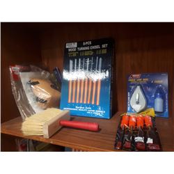 EIGHT & FOUR PIECE CHISEL SETS WITH KNEE PADS, SANDPAPER, CHALK LIE AND BRO