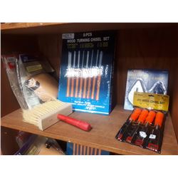 EIGHT & FOUR PIECE CHISEL SETS WITH KNEE PADS, SANDPAPER, CHALK LINE AND BR