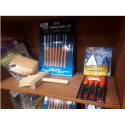 EIGHT & FOUR PIECECHISEL SETS WITH KNEE PADS, SANDPAPER, CHALK LINE AND BRO