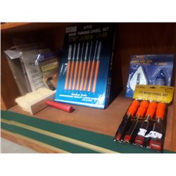 EIGHT & FOUR PIECE CHSEL SETS WITH KNEE PADS, SANDPAPER, CHALK LINE AND BRO