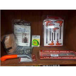 6 PIECE BOX WRENCH, 6 PIECE HEX DRIVER, HOLLOW PUNCH SET, SCRAPER, APRON, E