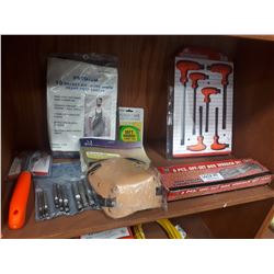 6 PIECE BOX WRENCH, 6 PIECE HEX DRIVER, HOLLOW PUNCH SET, APRON SCRAPER, ET