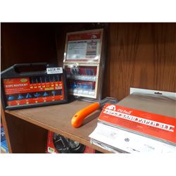 TWO FIFTEEN PIECE ROUTER BIT SETS, SCRAPER, SANDPAPER