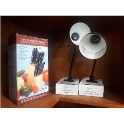 KNIFE SET WITH BOCK AND TWO METAL CLIP-ON LIGHTS