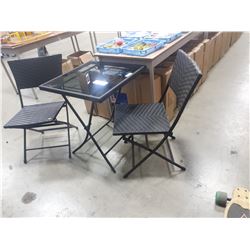 THREE PIECE WICKER LOOK FOLDING BOSTRO TABLE AND CHAIRS