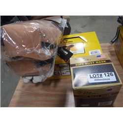 BOX OF SAFETY GLASSES, DUST MASKS, WORK GLOVES, KNEE PADS