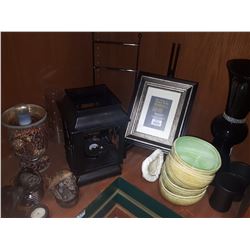 SHELF LOT OF HOME DECOR INCLUDING LANTERN, BOWLS, VASE, ETC