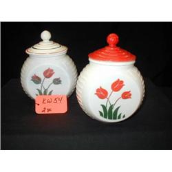 1950S TULIP RND. GLASS CANNISTERS W/TOP (1 W/ RED