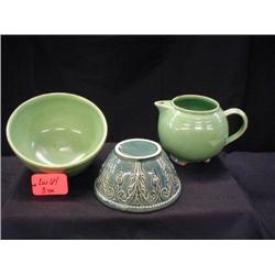 AMERICAN POTTERY, GREEN BATTER BOWLS and PITCHER 