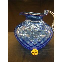 1940 BLUE QUILTED PITCHER 7 inT 7inW W/CLEAR APPL