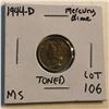 Image 1 : Beautiful 1944 D Silver Mercury Dime TONED Nice Early US Coin