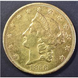 1866 $20.00 GOLD LIBERTY WITH MOTTO, AU+
