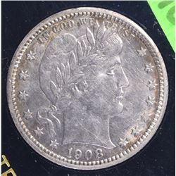 1908-O BARBER QUARTER, CH BU NICE