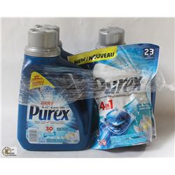3 BOTTLES OF PUREX DETERGENT AND A BAG OF PUREX