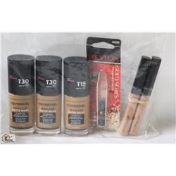 BAG OF ASSORTED COLOR LIQUID FOUNDATION, TWEEZER