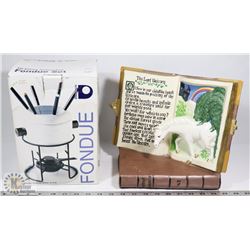 NEW 9PC FONDUE SET WITH CERAMIC UNICORN BOOK.